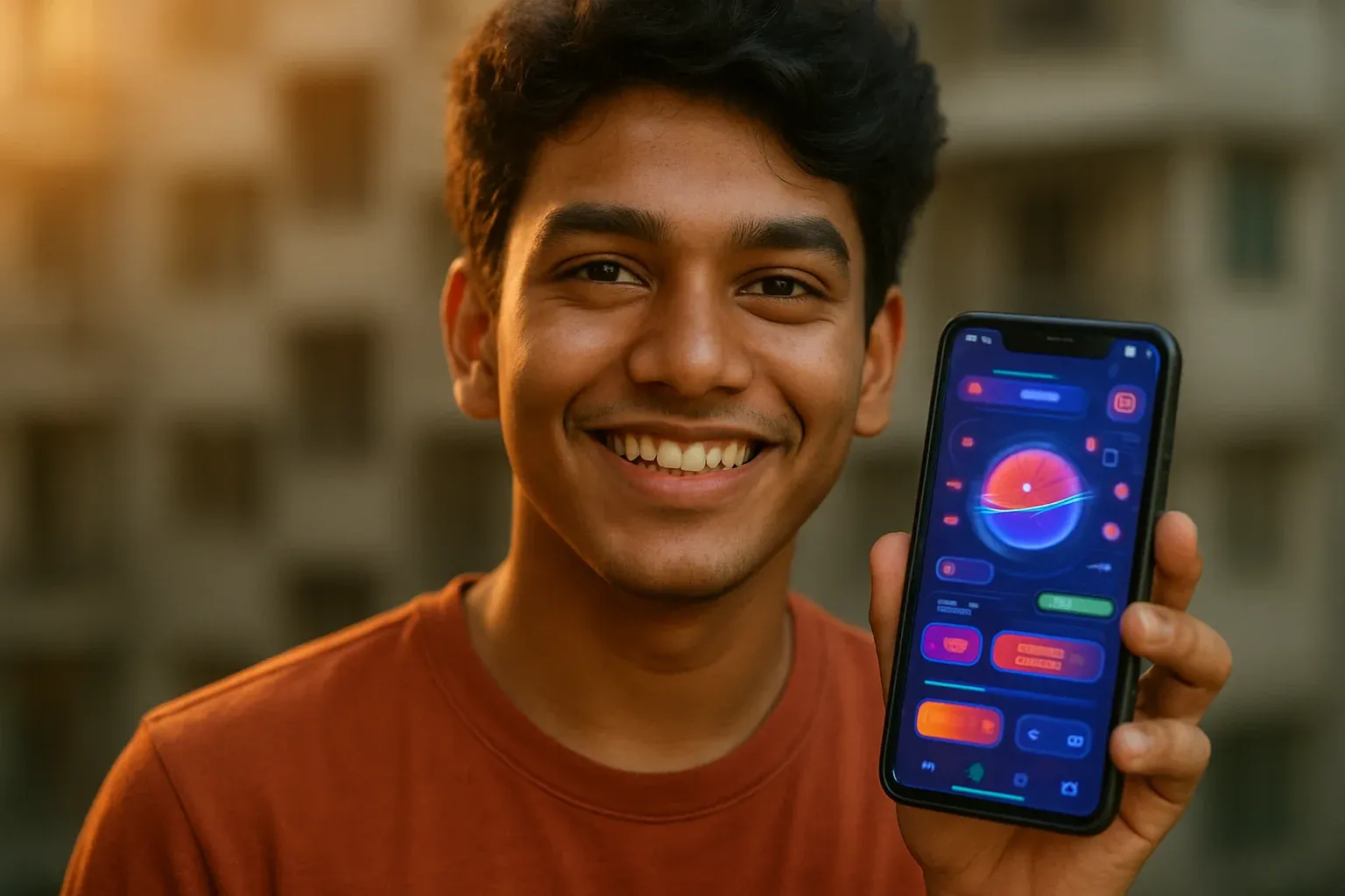 Smiling young Bangladeshi man holding smartphone with colorful gaming app interface