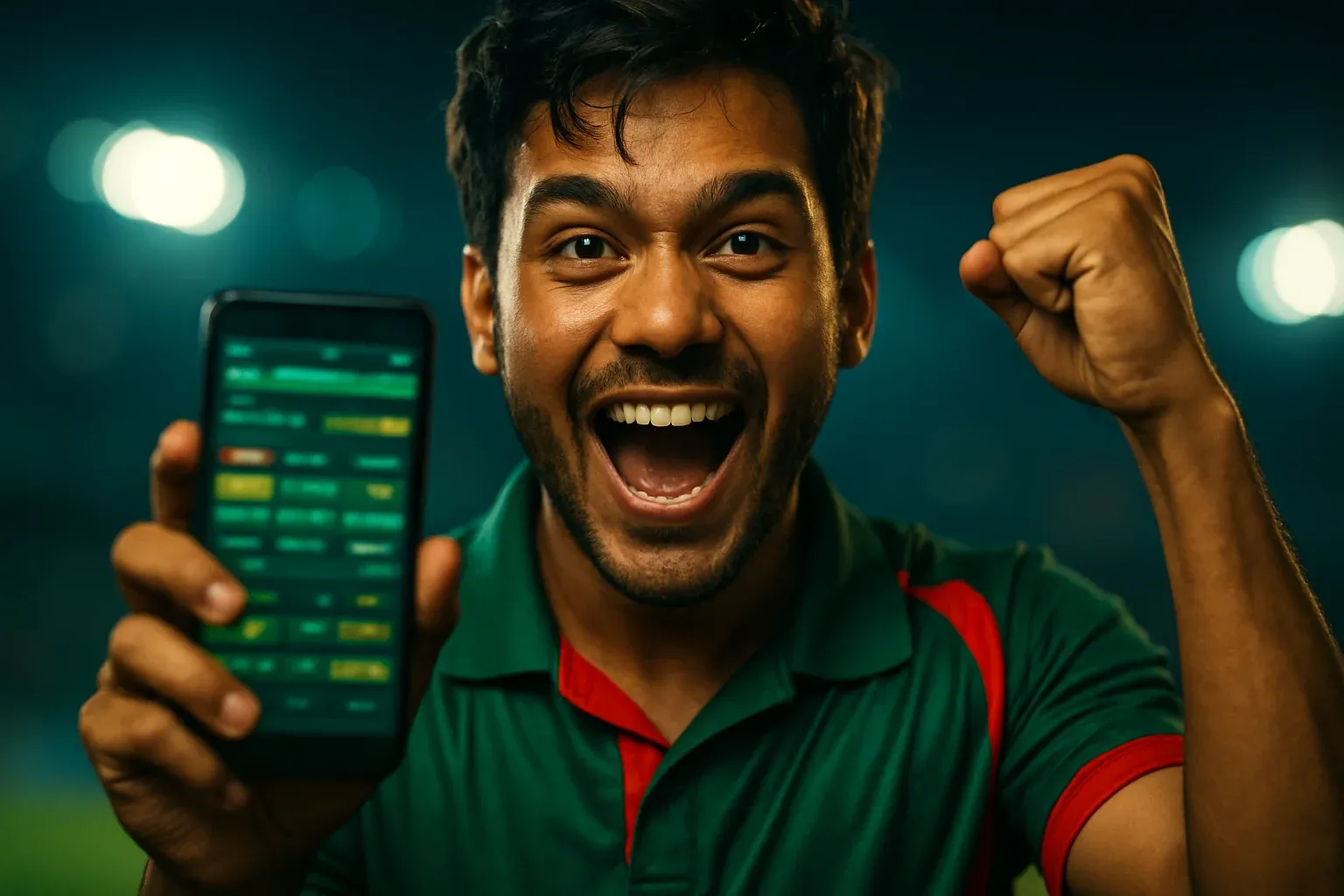 Young Bangladeshi man cheering with smartphone showing sports betting interface