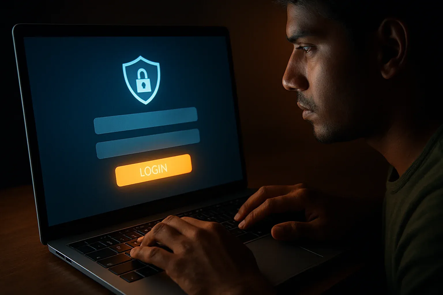 Young Bangladeshi man's hands on laptop showing stylized login screen