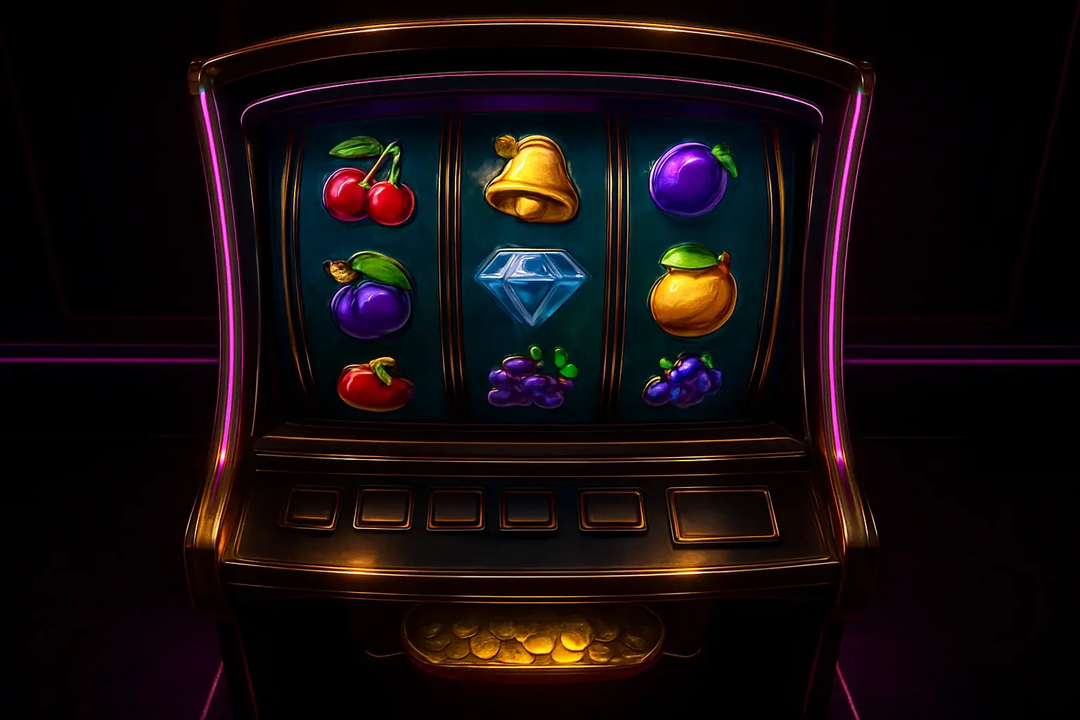 Hyperrealistic premium slot machine with three vertical reels in luxury casino